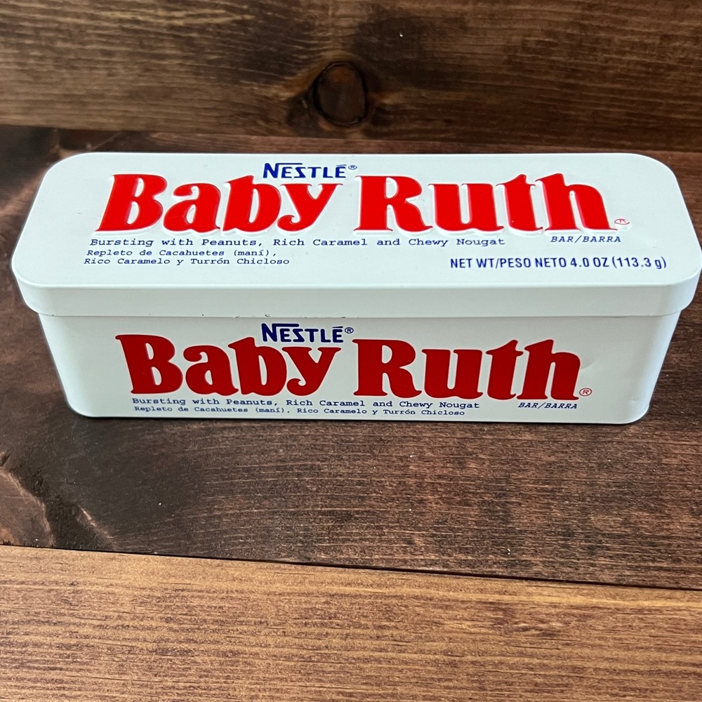 Nestle‎ Baby Ruth Collectible Metal Tin White Red Embossed Candy Bar Storage 7"